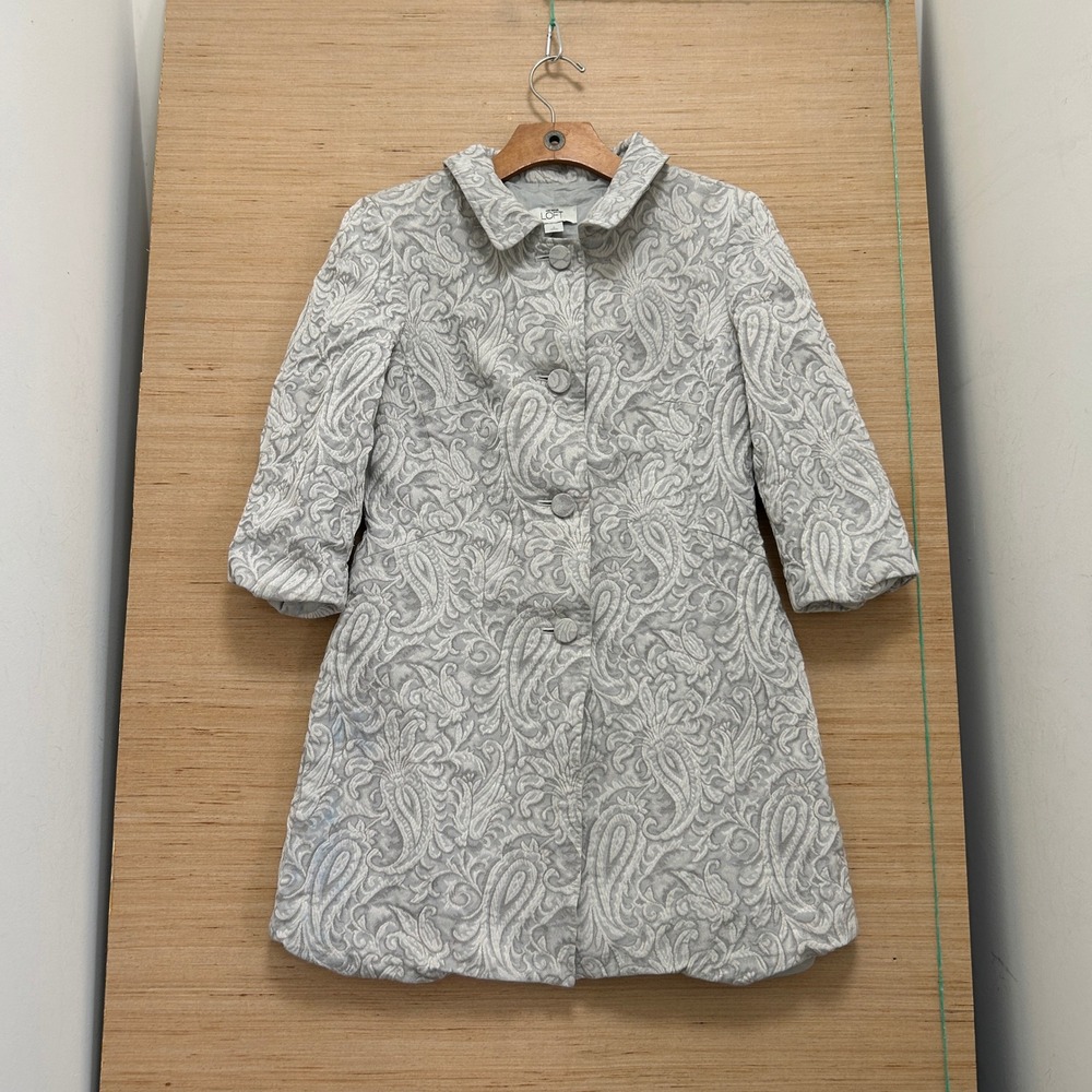 Ann Taylor LOFT Silver Paisley Jacquard Metallic Button Front Coat Sz 8